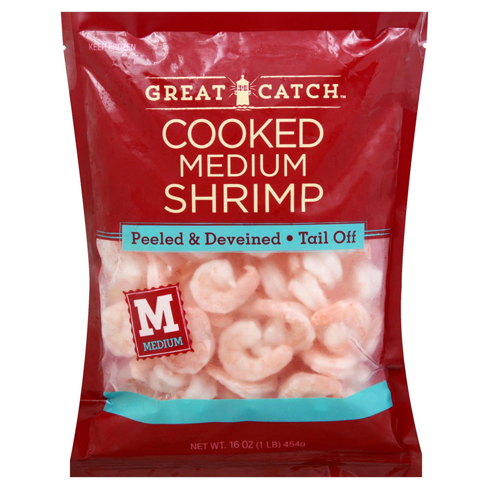 Great Catch Frozen Peeled Deveined Tail-Off Medium Cooked Shrimp, 71 - 90 ct/lb, 1 lb