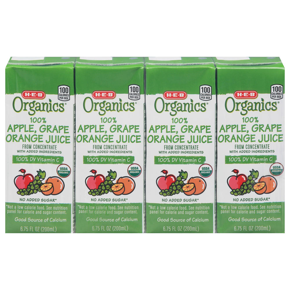 H-E-B Organics 100% Apple Grape Orange Juice 4 pk Boxes, 6.75 oz