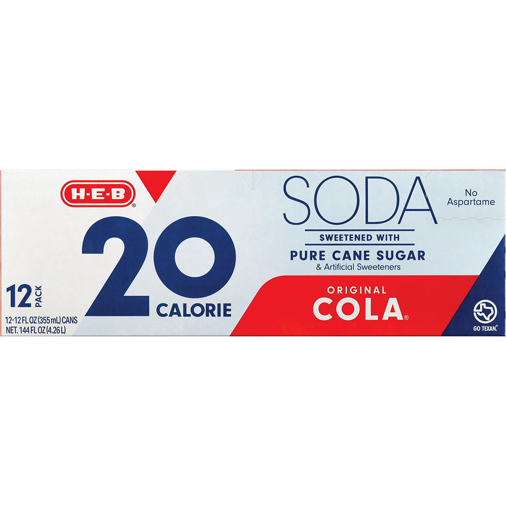 H-E-B 20 Calorie Pure Cane Sugar Original Cola Soda 12 pk Cans, 12 oz