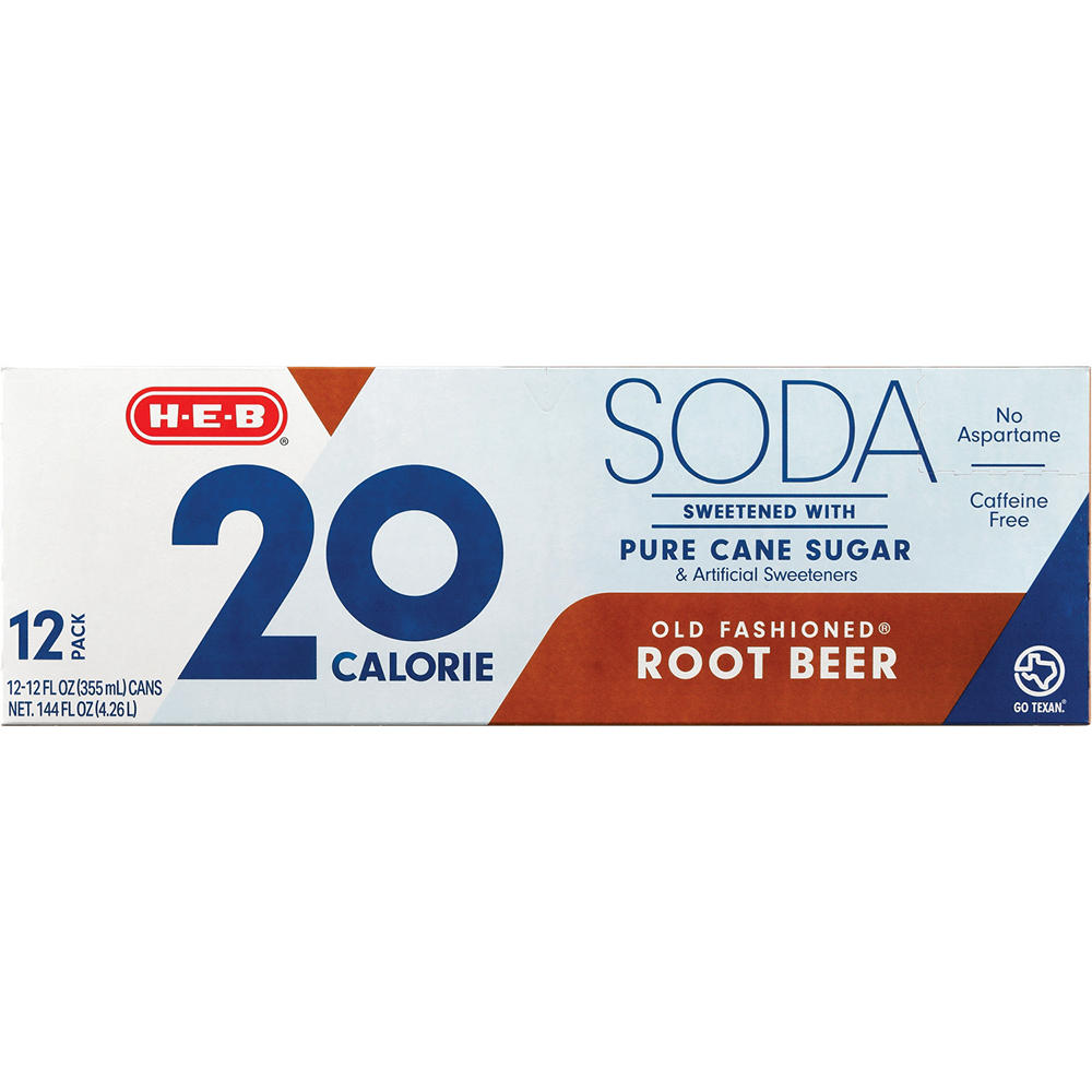 H-E-B 20 Calorie Pure Cane Sugar Old Fashioned Root Beer Soda 12 pk Cans, 12 oz