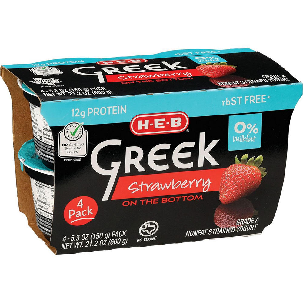 H-E-B 12g Protein Nonfat Greek Yogurt - Strawberry on the Bottom, 4 ct