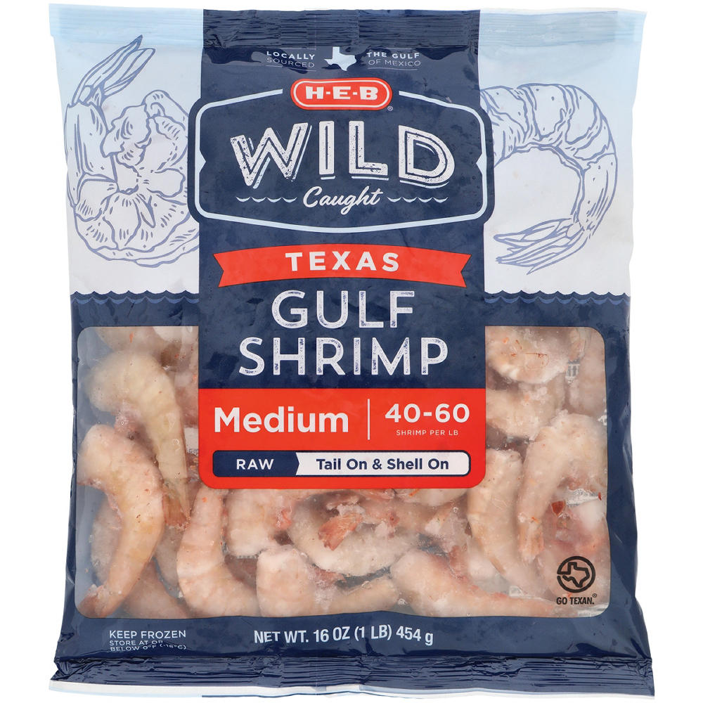 H-E-B Wild Caught Frozen Shell-On Tail-On Medium Texas Gulf Raw Shrimp, 40 - 60 ct/lb, 1 lb