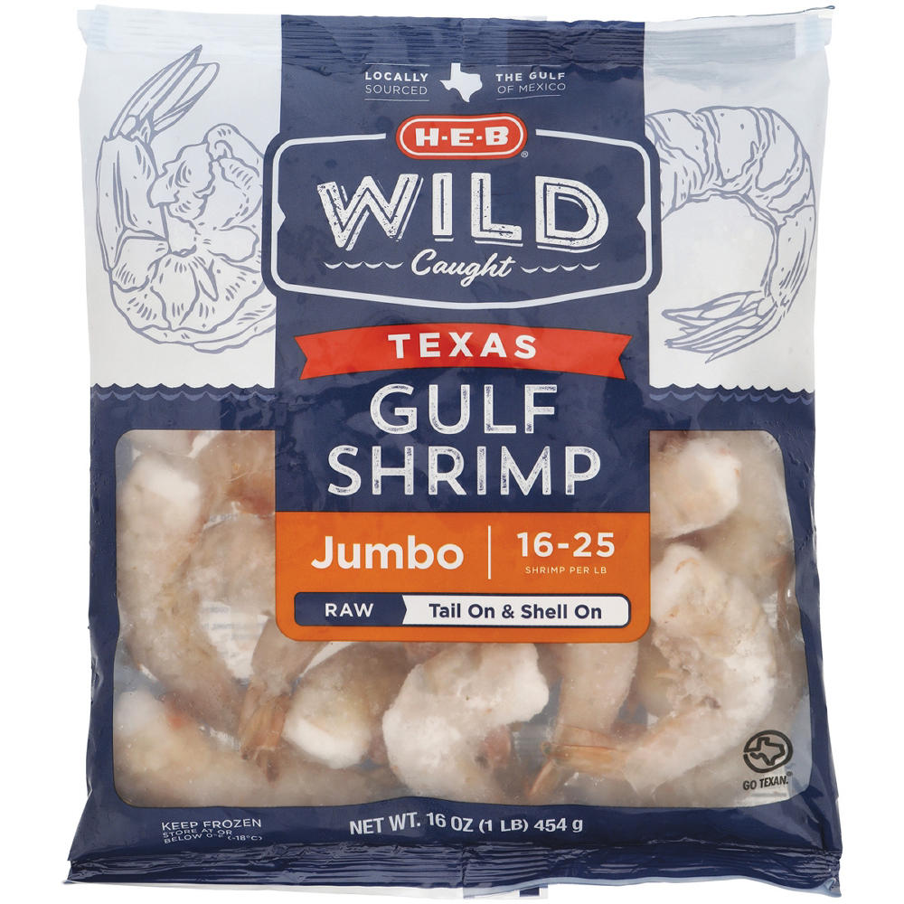 H-E-B Wild Caught Shell-On Tail-On Jumbo Texas Gulf Raw Frozen Shrimp, 16 - 25 ct/lb, 1 lb