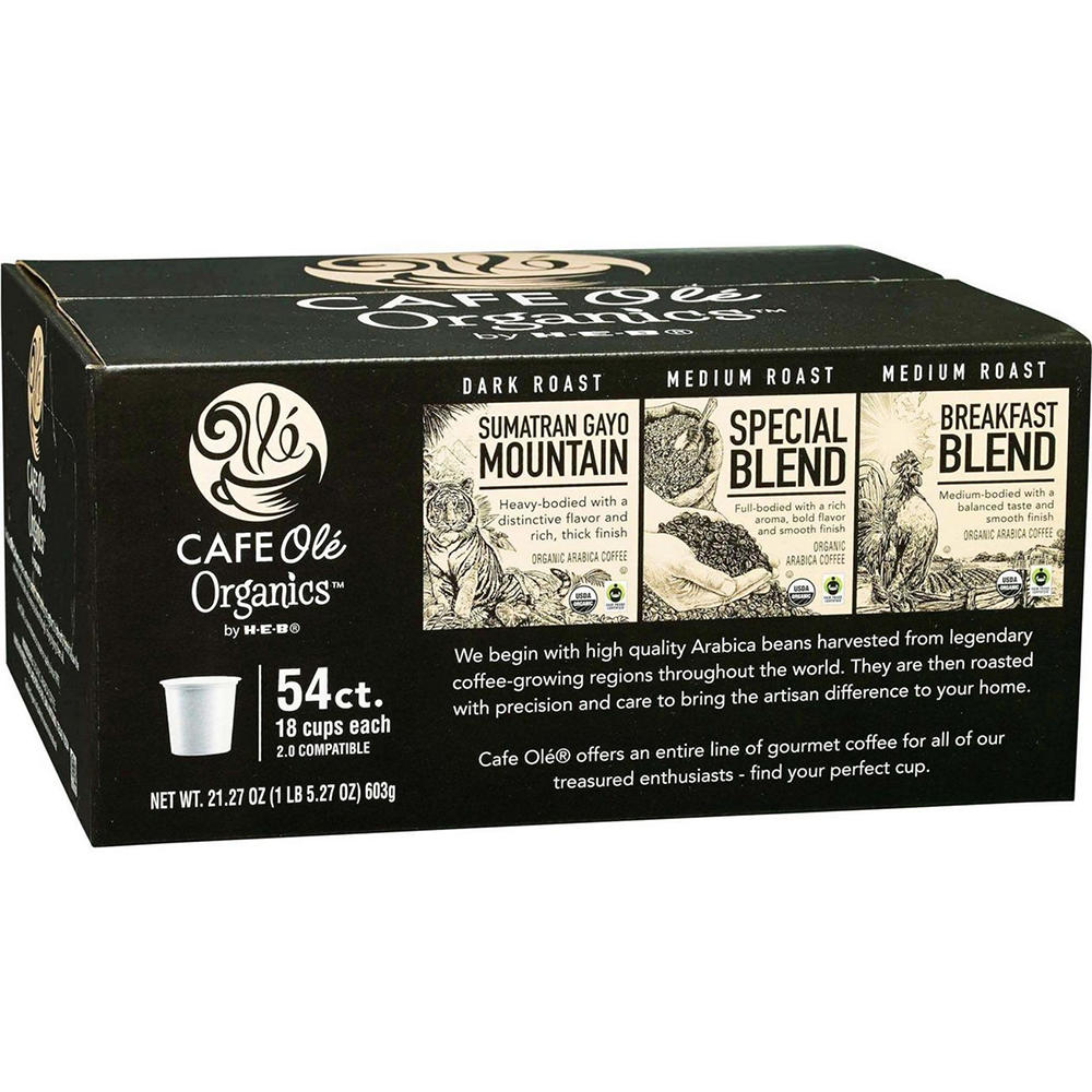 CAFE Olé Organics by H-E-B Sumatran Gayo Mountain, Special Blend & Breakfast Blend Coffee Single Serve Cups Variety Pack, 54 ct