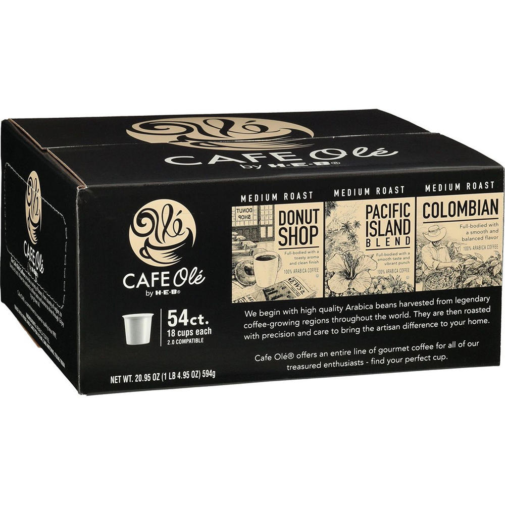 CAFE Olé by H-E-B Donut Shop, Pacific Island Blend & Colombian Coffee Single Serve Cups Variety Pack, 54 ct