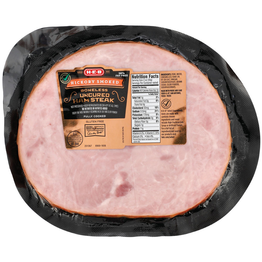 H-E-B Fully Cooked Boneless Hickory-Smoked Uncured Ham Steak, Avg. 0.8 lb