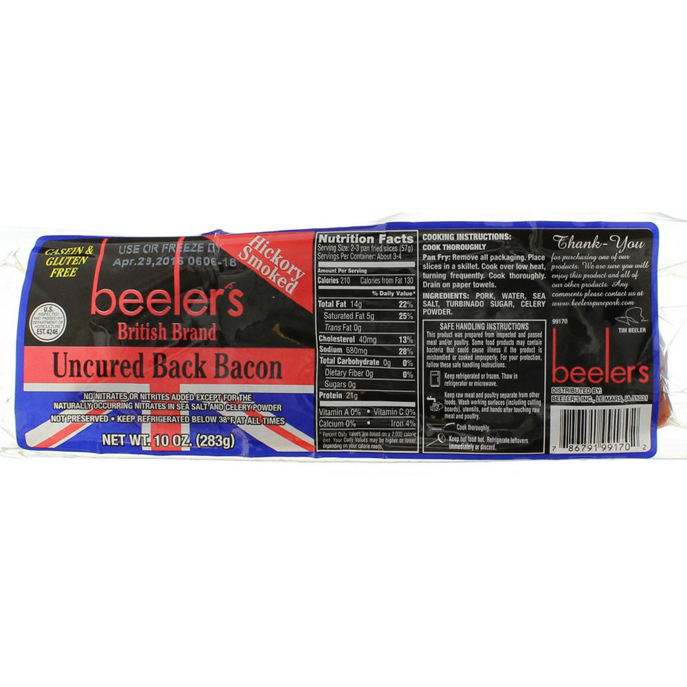 Beeler's British Brand Hickory Smoked Uncured Back Bacon, 10 oz