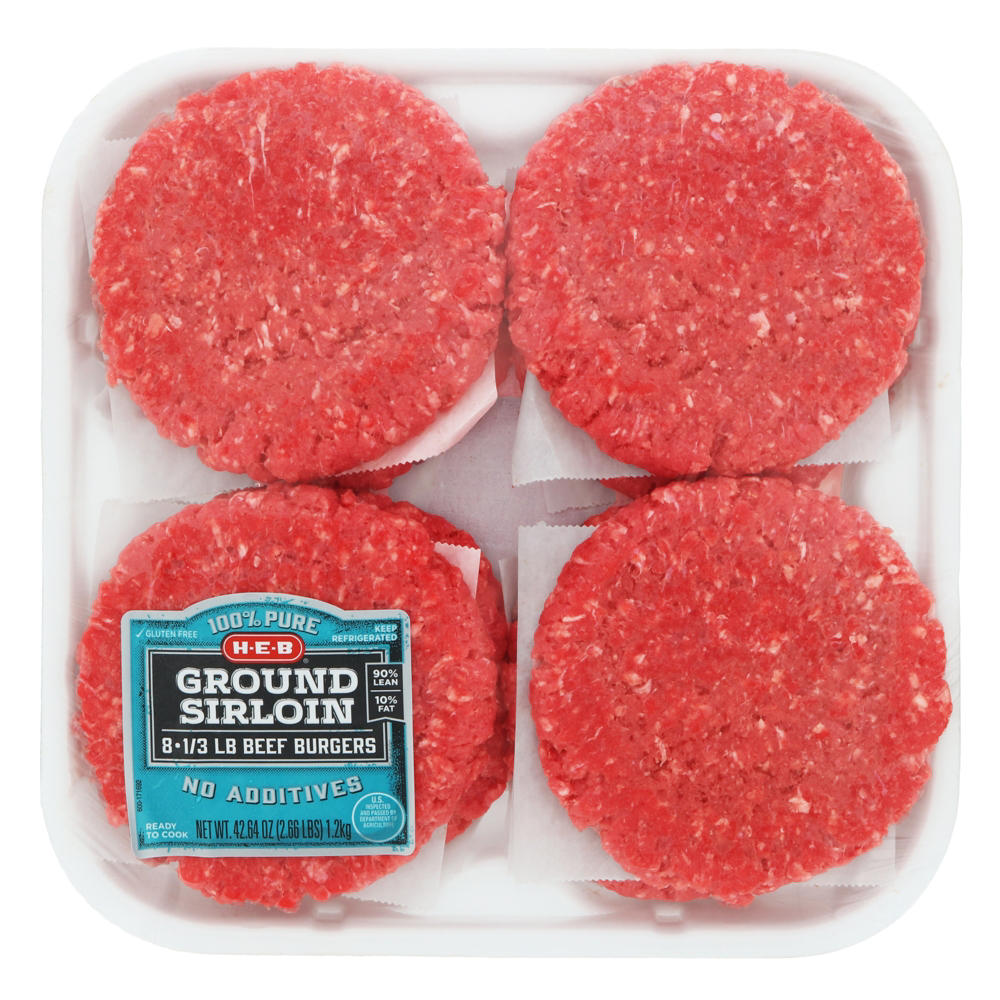 H-E-B Ground Beef Sirloin 1/3 lb Burger Patties, 90% Lean - Value Pack, 8 ct