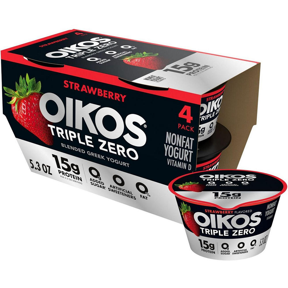 Oikos Triple Zero 15g Protein Sugar Free Non Fat Blended 4 pk Greek Yogurt - Strawberry, 5.3 oz