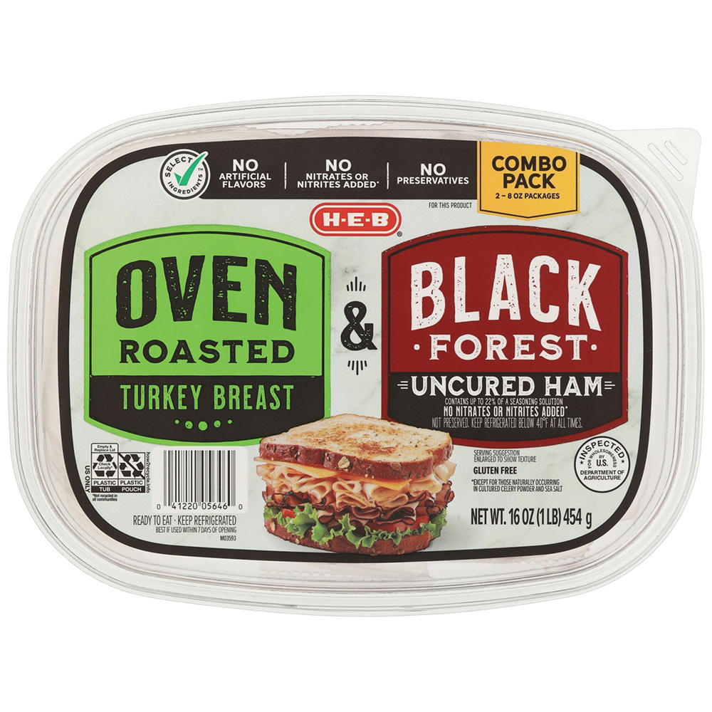 H-E-B Oven-Roasted Turkey Breast & Black Forest Ham Lunch Meat - Combo Pack, 16 oz