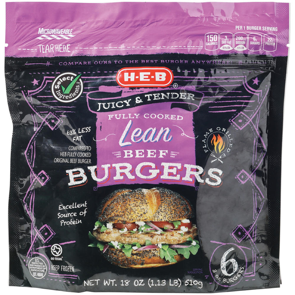 H-E-B Fully Cooked Frozen Lean Beef Burgers, 6 ct