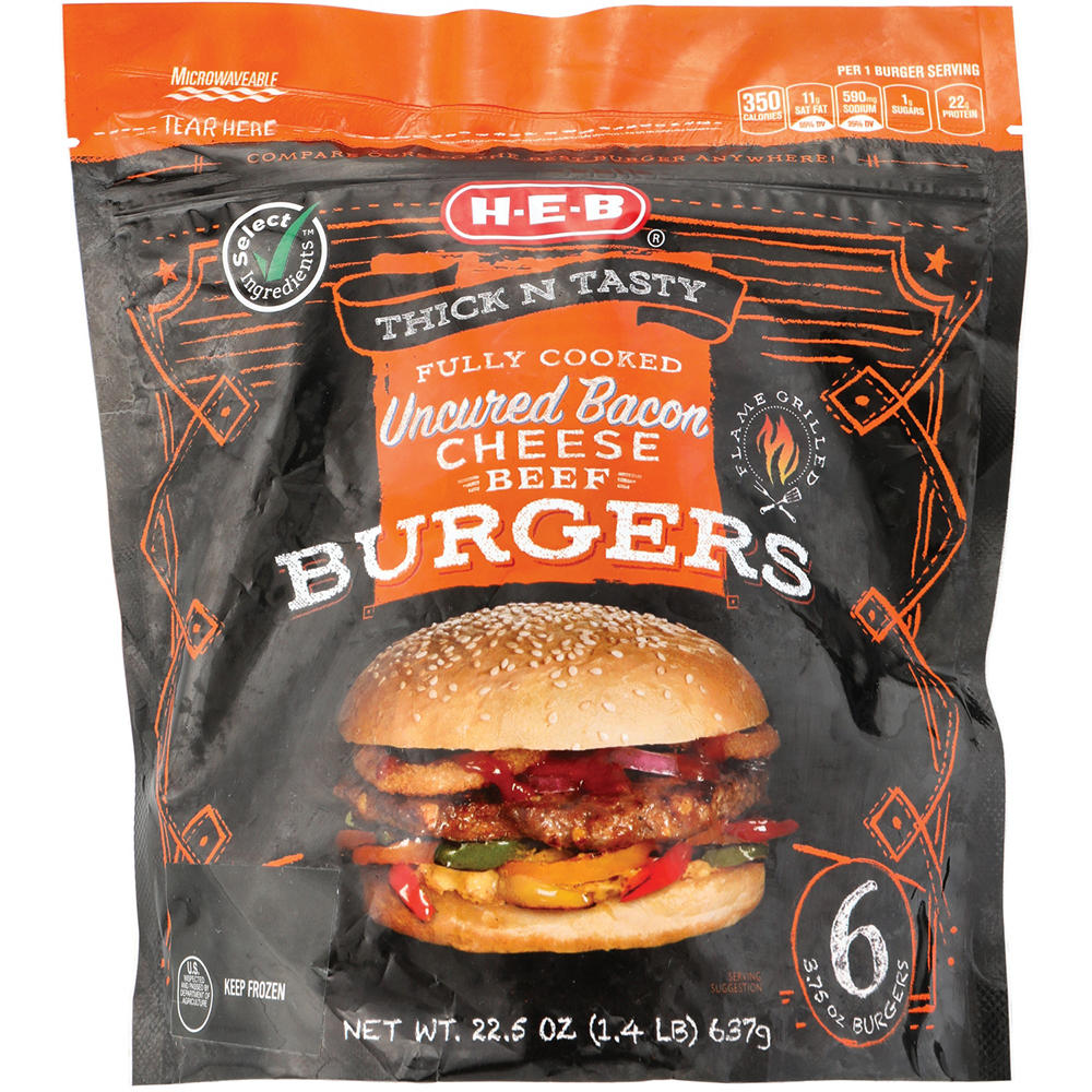 H-E-B Fully Cooked Frozen Uncured Bacon Cheese Beef Burgers, 6 ct