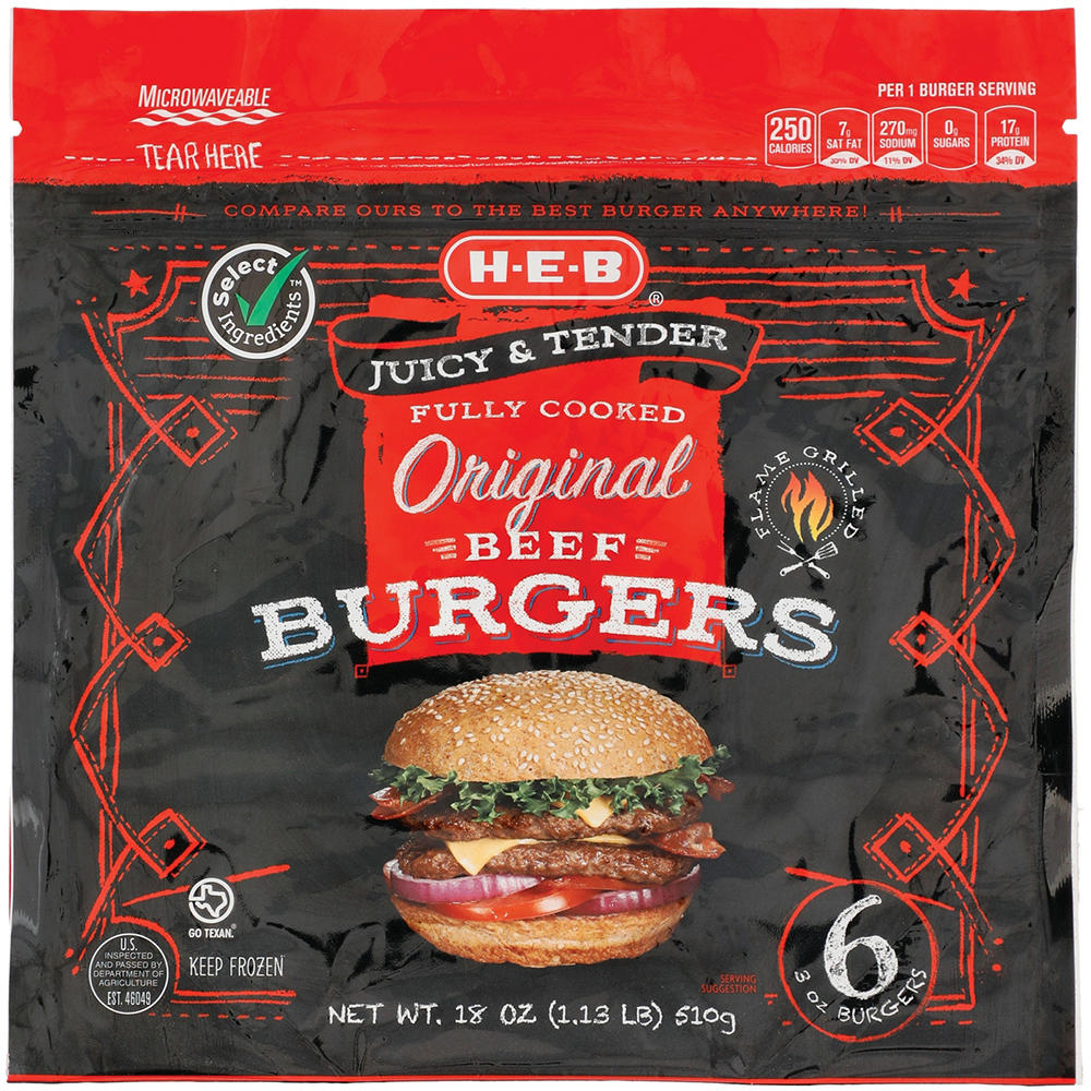 H-E-B Fully Cooked Frozen Original Beef Burgers, 6 ct