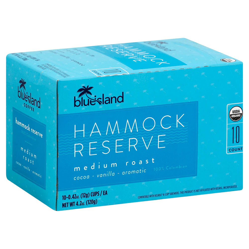 Blue Island Hammock Reserve 100% Colombian Medium Roast Single Serve Coffee K Cups, 10 ct
