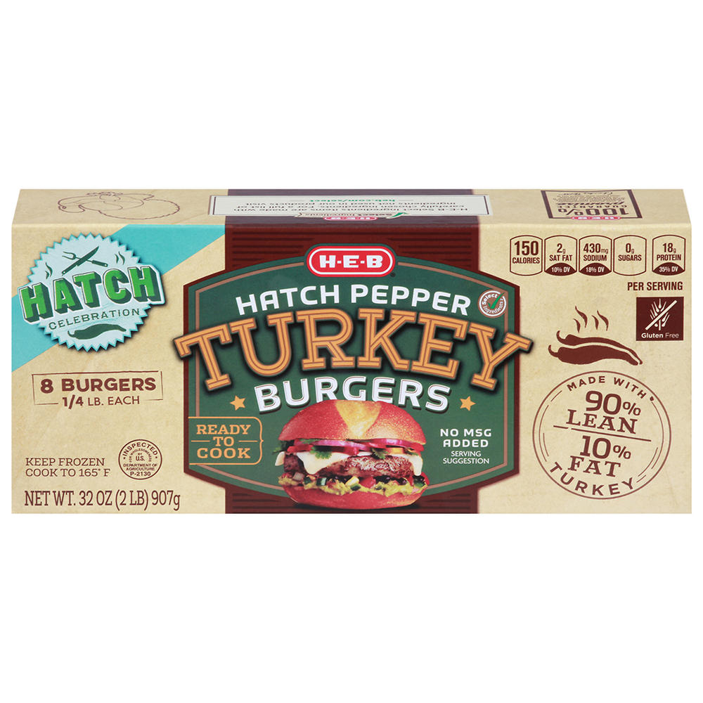 H-E-B Frozen Hatch Chile Pepper Turkey Burger Patties, 90% Lean, 8 ct