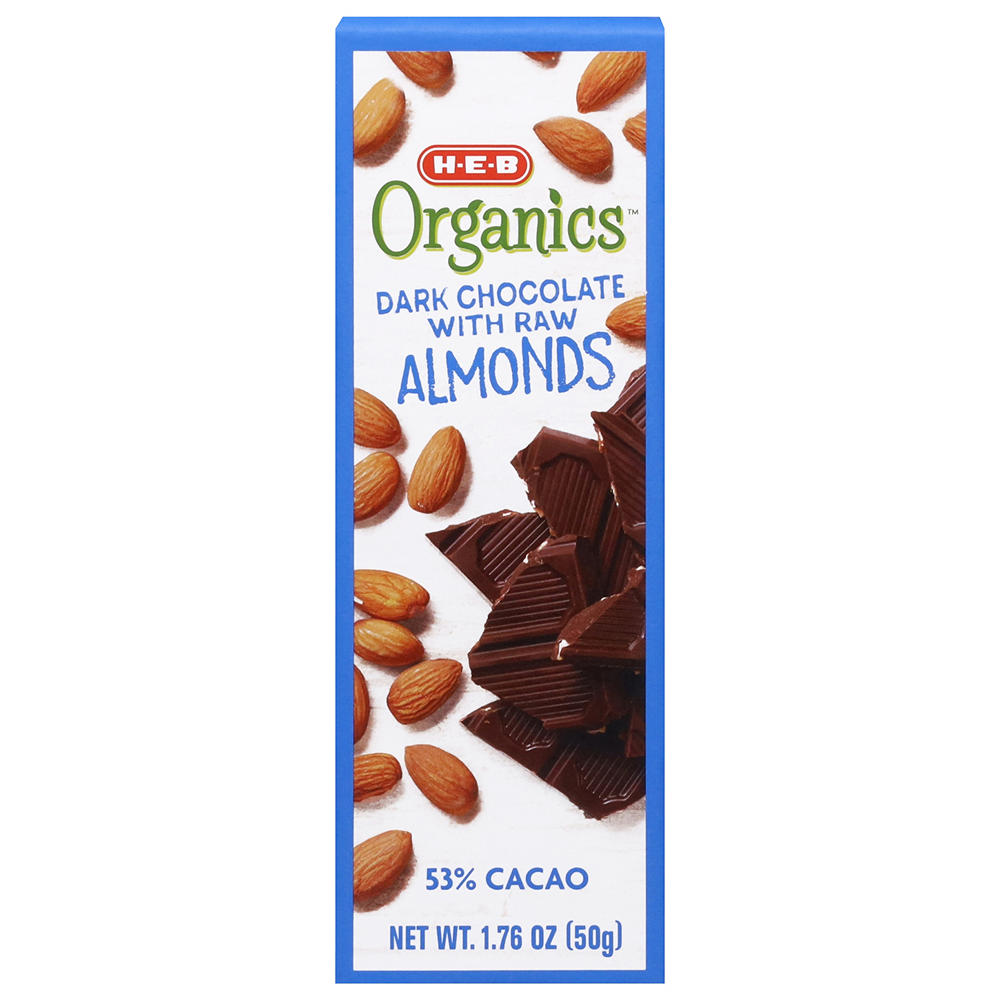 H-E-B Organics 53% Cacao Dark Chocolate Bar with Raw Almonds, 1.76 oz