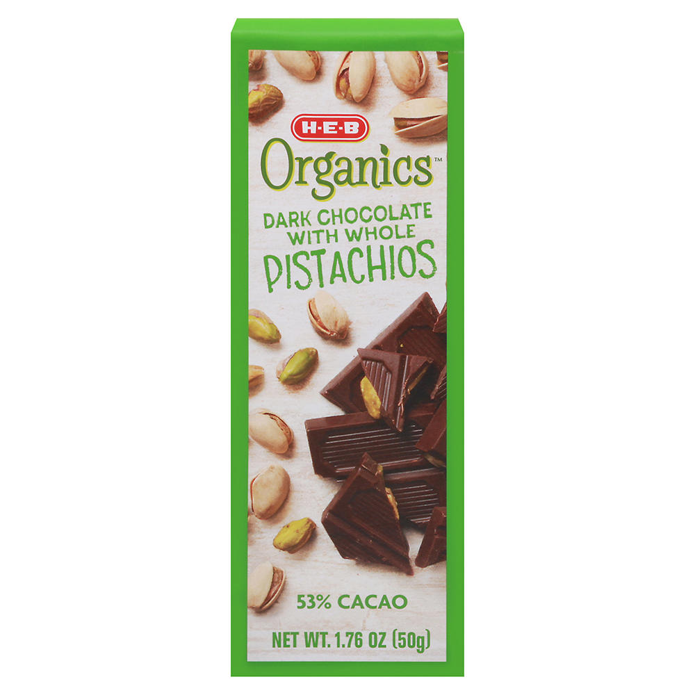 H-E-B Organics 53% Cacao Dark Chocolate Bar with Whole Pistachios, 1.76 oz