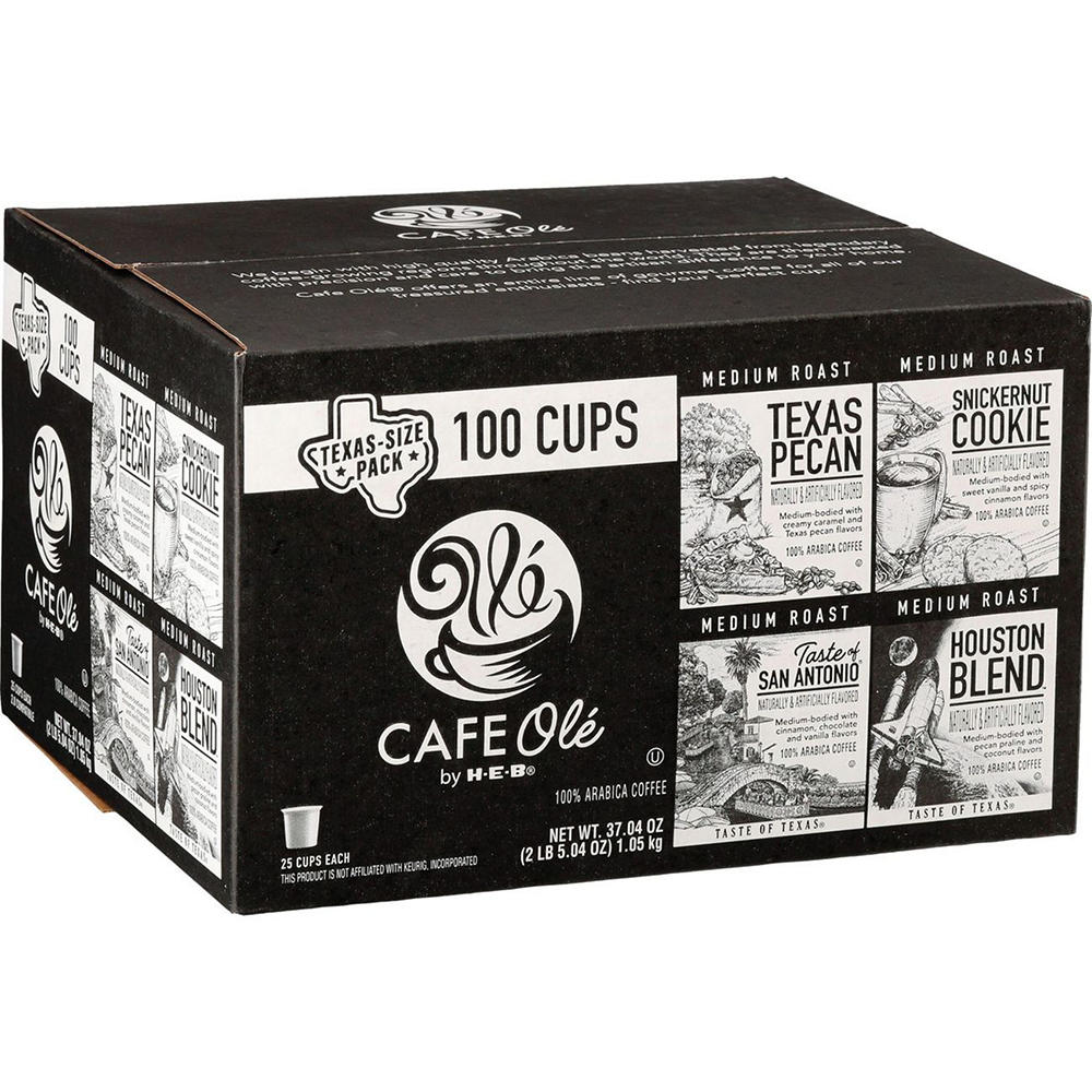CAFE Olé by H-E-B Texas Pecan, Snickernut Cookie, Taste of San Antonio & Houston Blend Coffee Single Serve Cups - Texas Size Pack, 100 ct