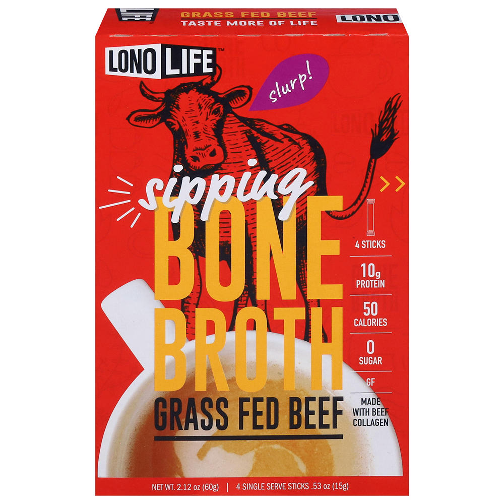 LonoLife Sipping Bone Broth Packets - Grass Fed Beef, 4 ct