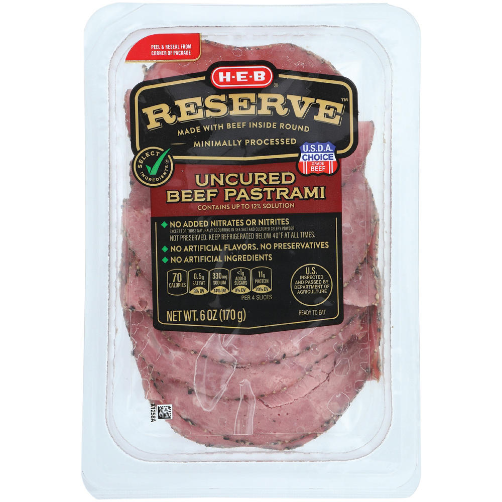 H-E-B Reserve Uncured Angus Beef Pastrami Lunch Meat, 6 oz
