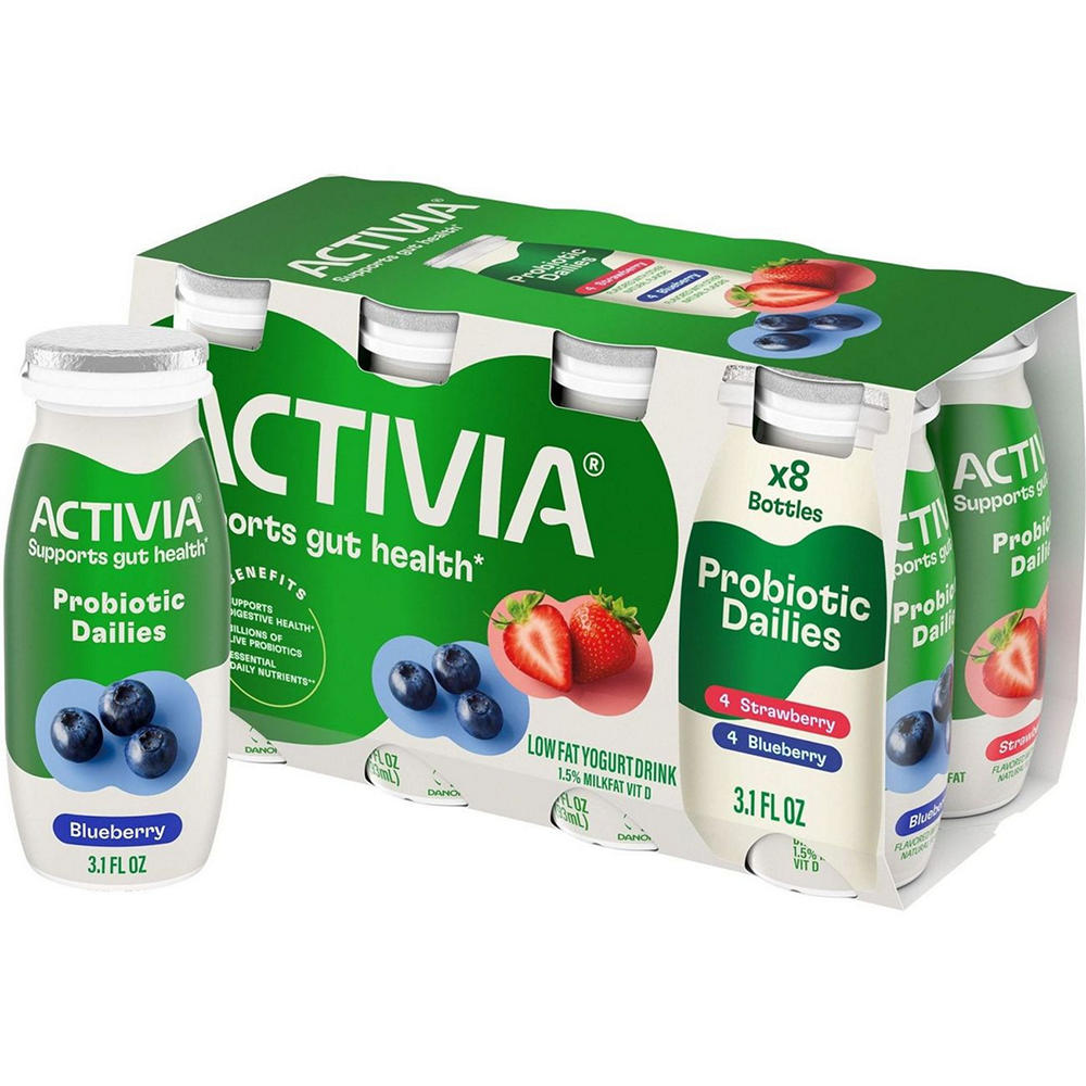 Activia Low Fat Probiotic Dailies Strawberry & Blueberry Yogurt Drink, 8 pk