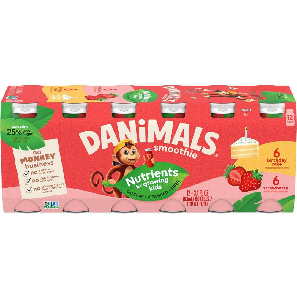 Danimals Smoothies 12 pk Bottles Variety Pack - Strawberry & Birthday Cake, 3.1 oz