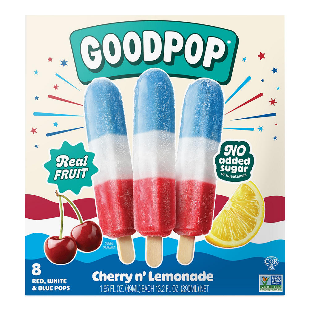 GoodPop No Added Sugar Cherry n' Lemonade Red, White & Blue Pops, 8 ct