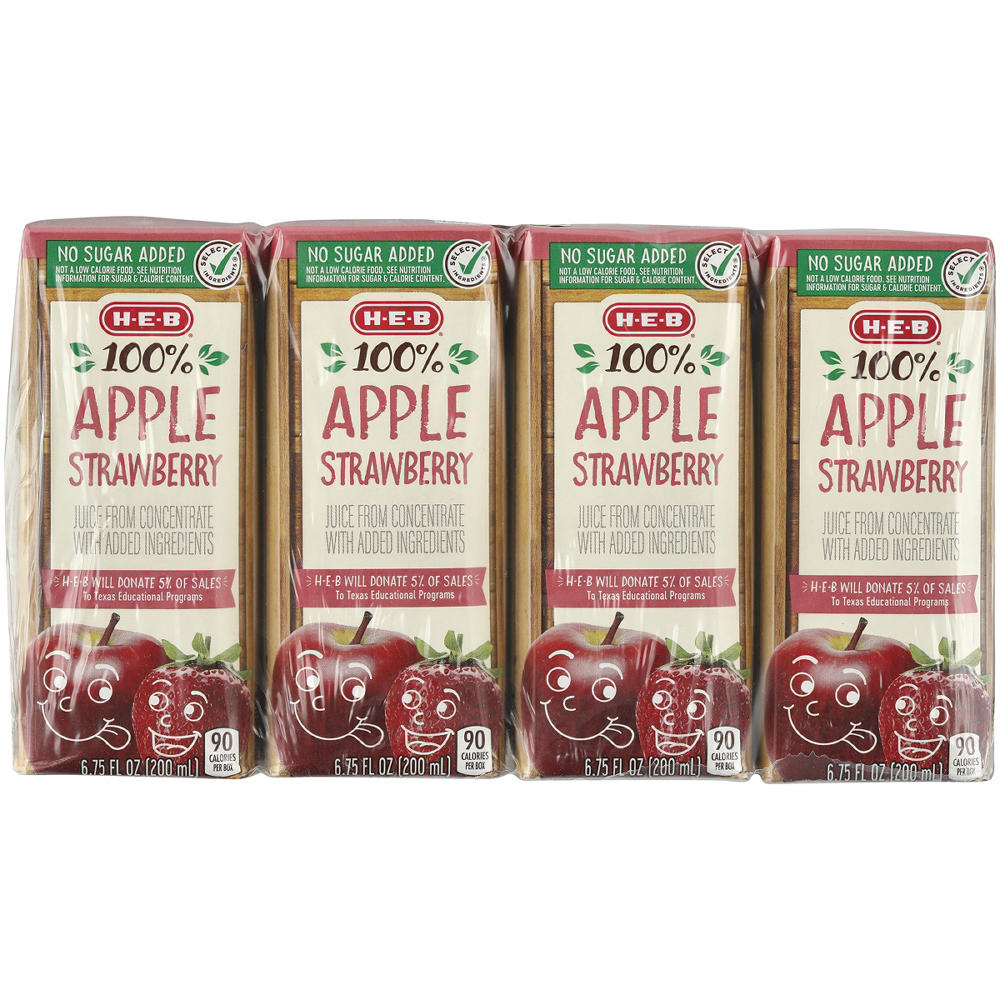 H-E-B No Sugar Added 100% Apple Strawberry 8 pk Juice Boxes, 6.75 oz