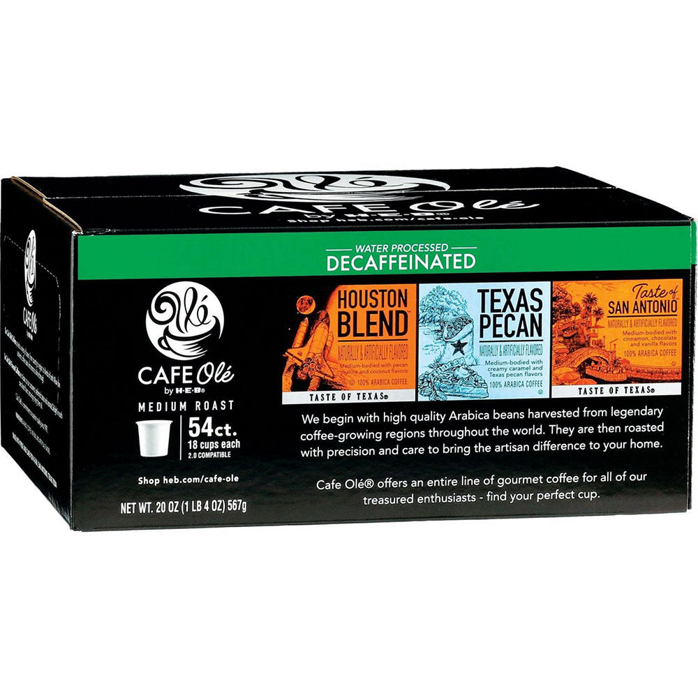 CAFE Olé by H-E-B Decaf Houston Blend, Texas Pecan & Taste of San Antonio Coffee Single Serve Cups - Variety Pack, 54 ct