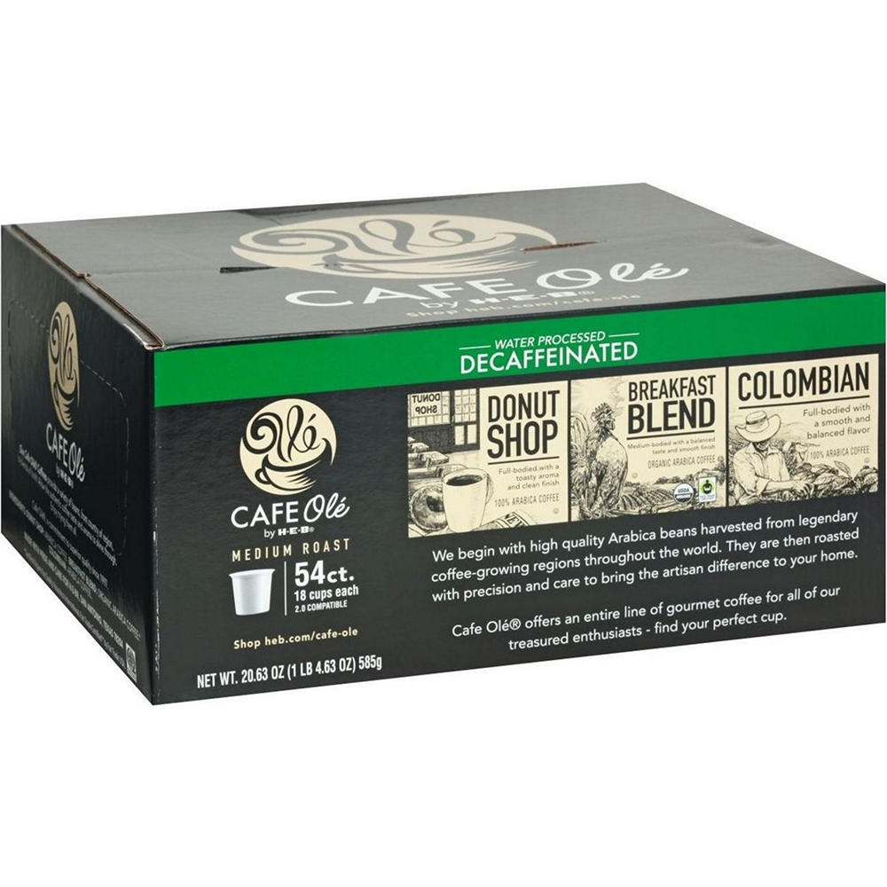 CAFE Olé by H-E-B Decaf Donut Shop, Breakfast Blend & Colombian Coffee Single Serve Cups Variety Pack, 54 ct