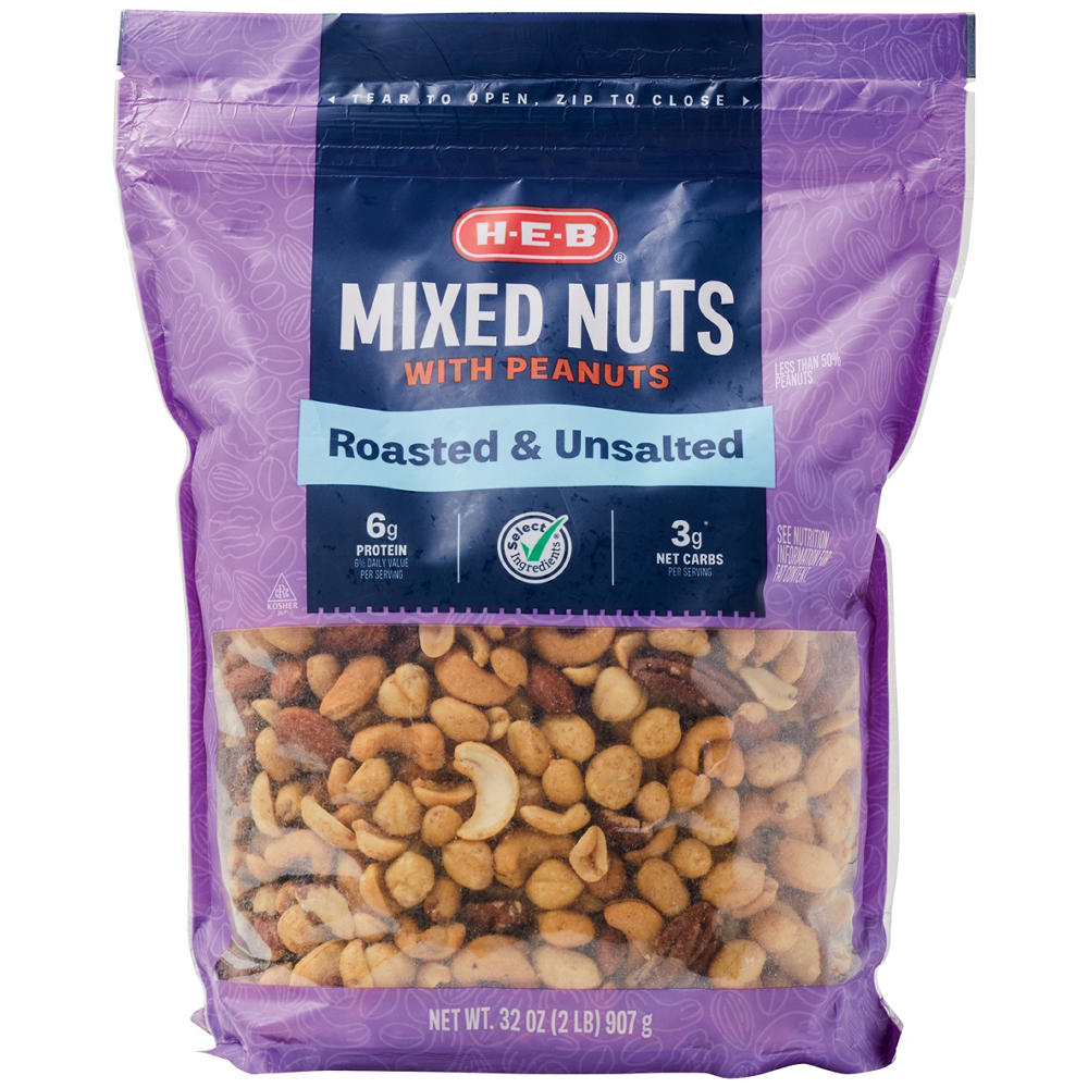 H-E-B Unsalted Roasted Mixed Nuts with Peanuts, 32 oz
