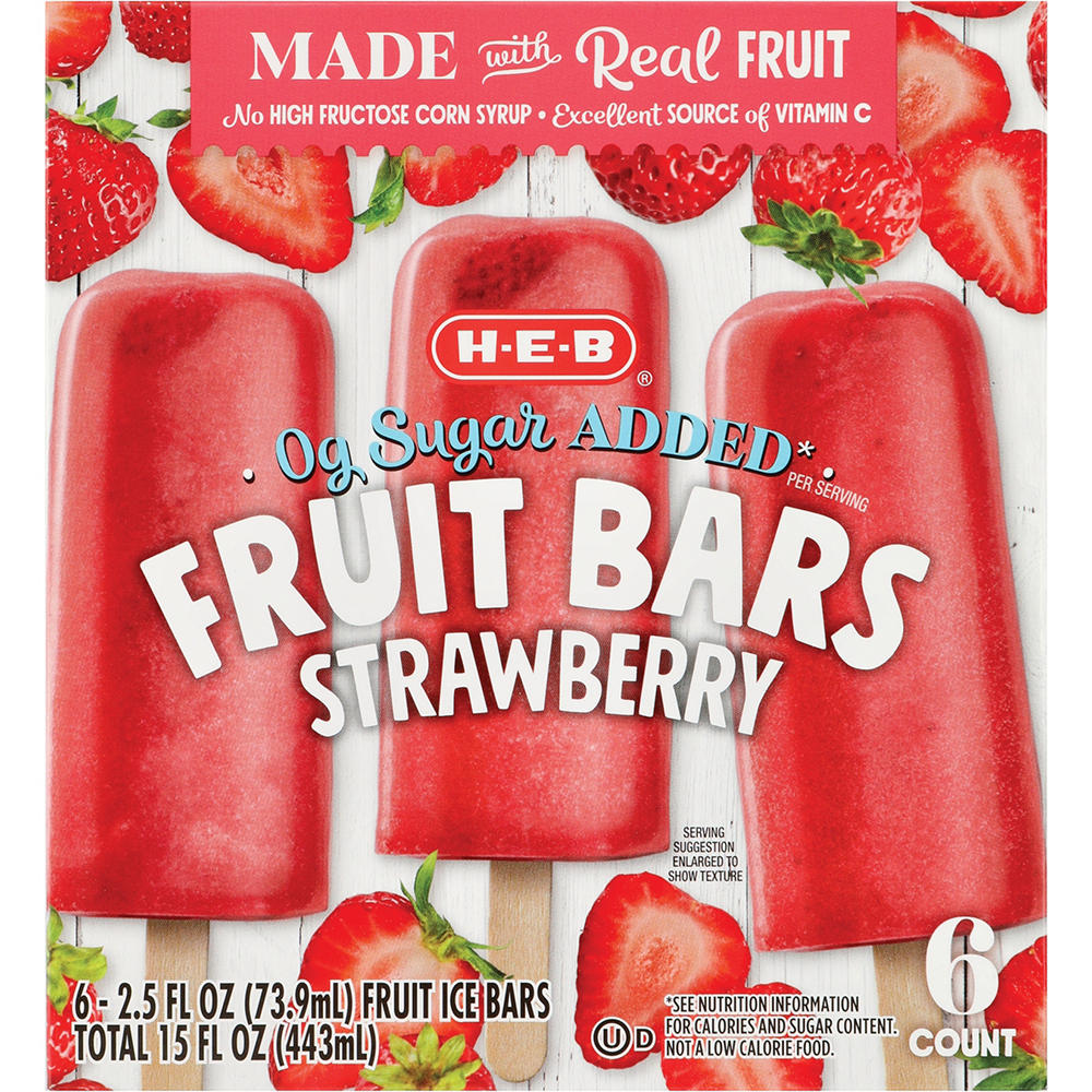 H-E-B Zero Sugar Added Strawberry Frozen Fruit Bars, 6 ct
