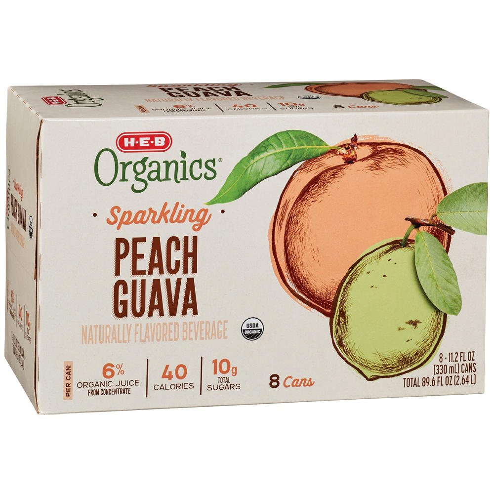 H-E-B Organics Peach Guava Sparkling Beverage 8 pk Cans, 11.2 oz