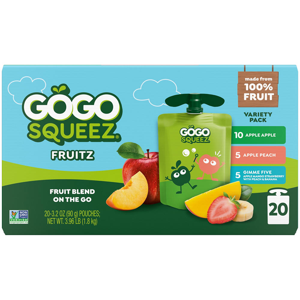 GoGo squeeZ No Sugar Added Apple Peach Gimme 5 Applesauce Variety Pouches, 20 ct