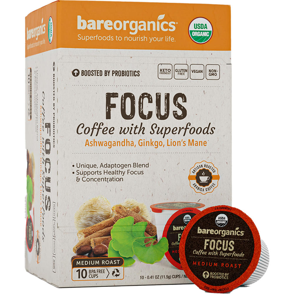 Bare Organics Medium Roast Focus Organic Coffee with Superfoods Single Serve Cups, 10 ct