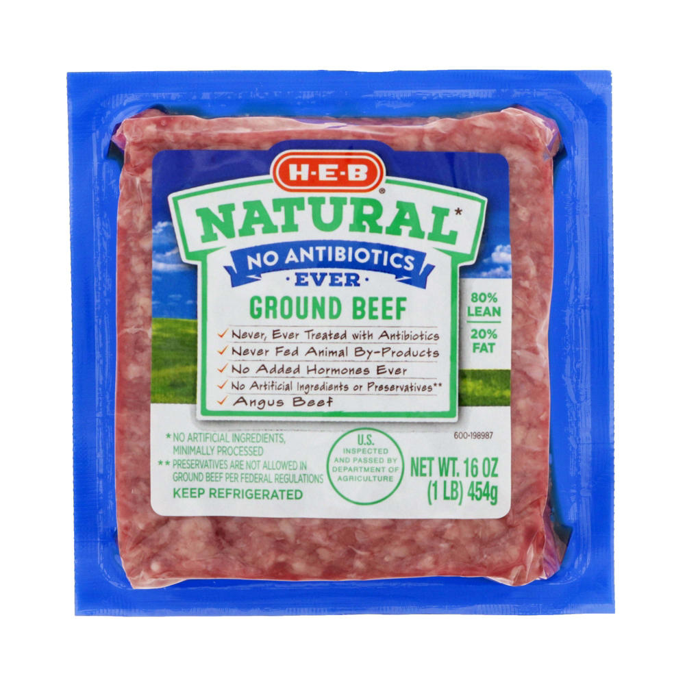 H-E-B Natural Angus Ground Beef, 80% Lean, 1 lb