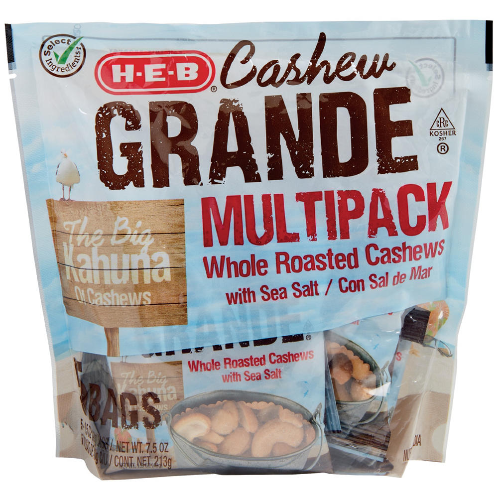 H-E-B Cashew Grande Roasted Whole Cashews with Sea Salt Multipack, 5 ct
