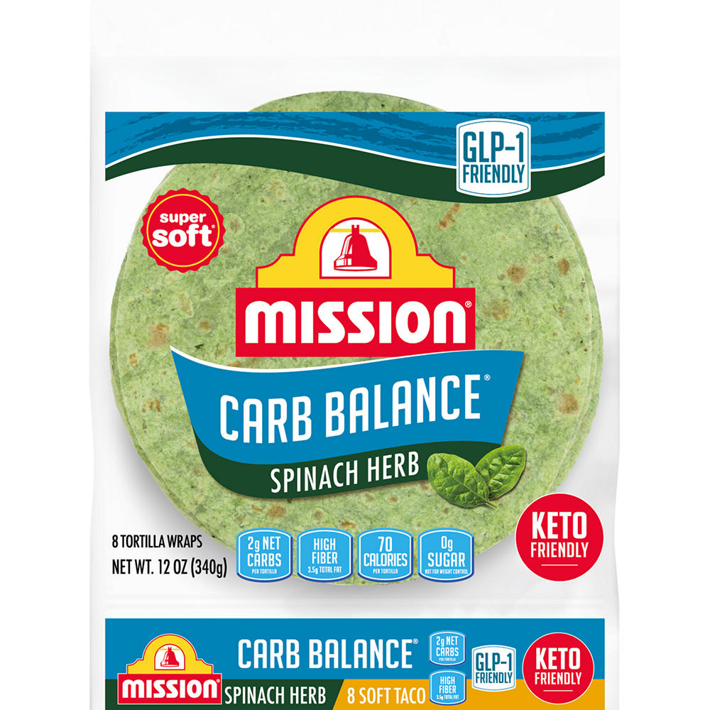 Mission Carb Balance Spinach & Herb Flour Tortillas, Soft Taco Size, 8 ct