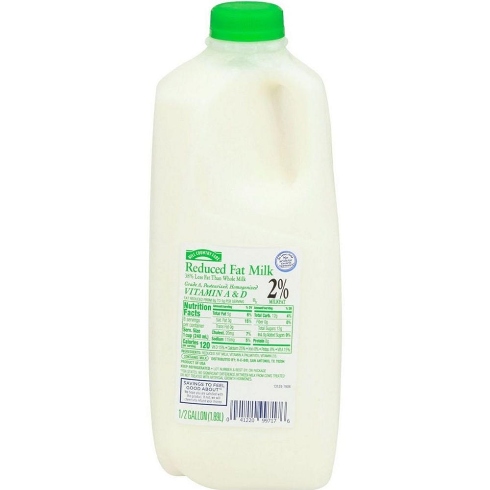 Hill Country Fare 2% Reduced Fat Milk, 1/2 gal