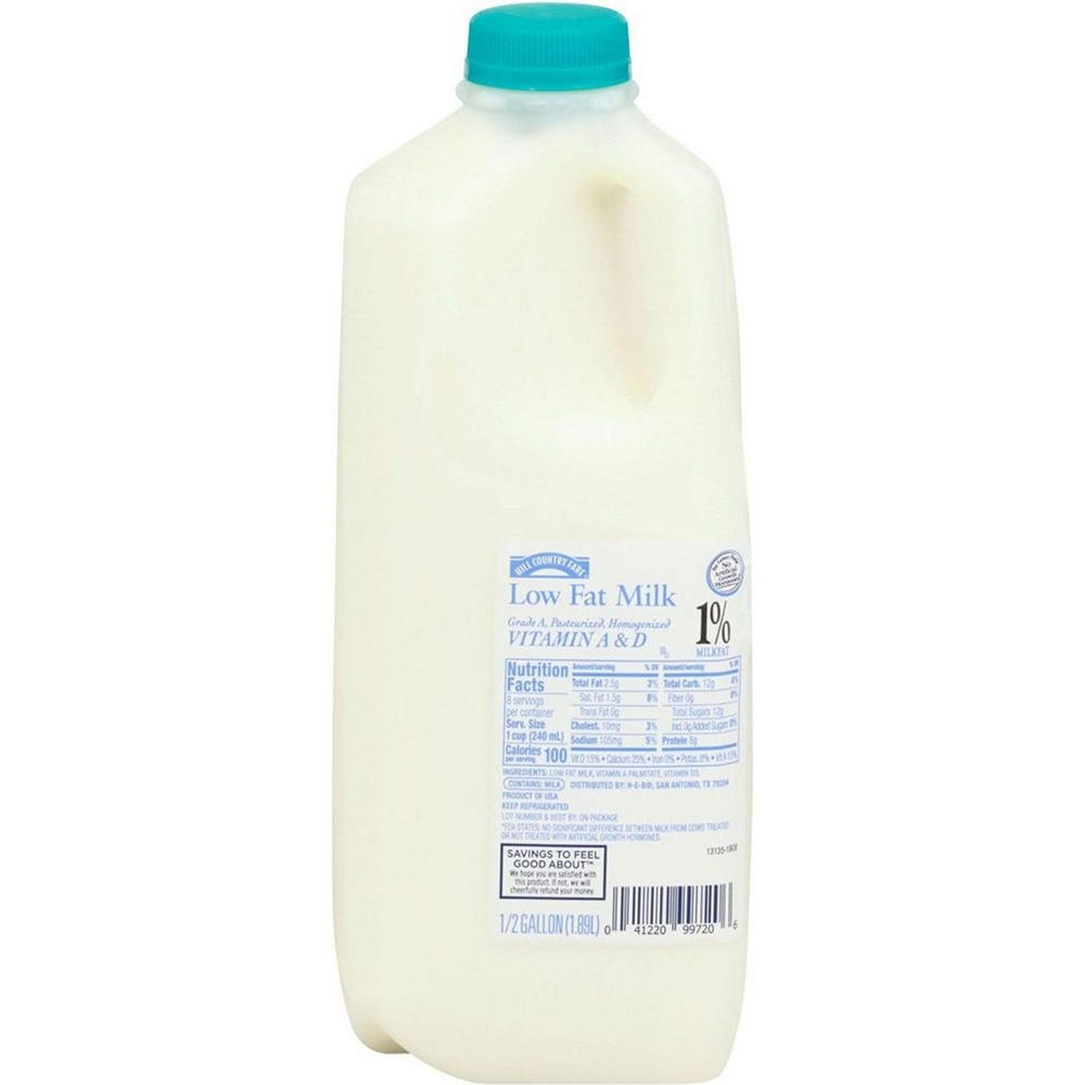 Hill Country Fare 1% Low Fat Milk, 1/2 gal