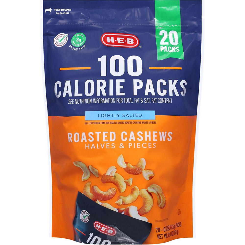 H-E-B Lightly Salted Roasted Cashews 100 Calorie Snack Packs, 20 ct