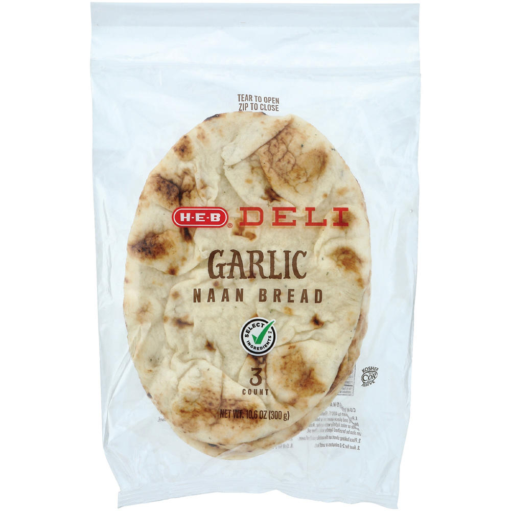 H-E-B Deli Naan Flatbread - Garlic, 3 ct