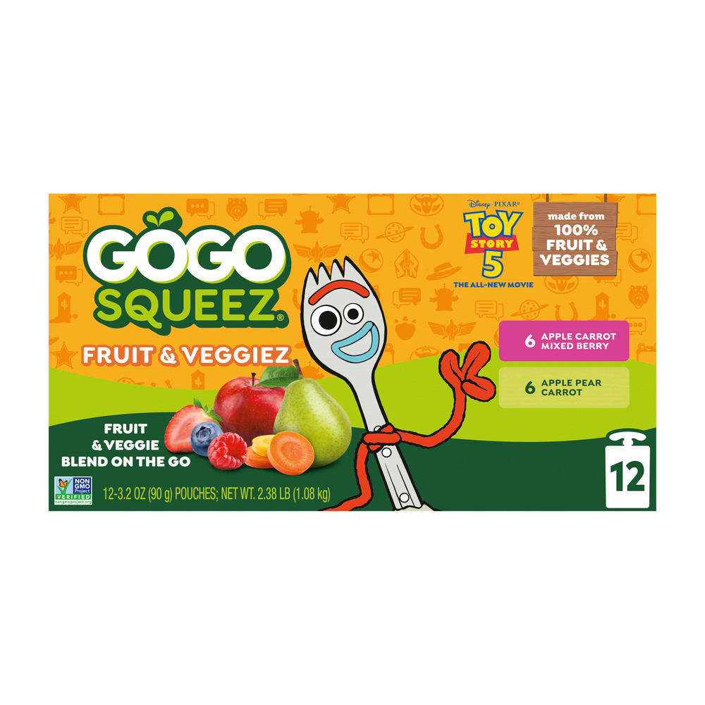 GoGo squeeZ Fruit & Veggiez No Sugar Added Mixed Berry/ Pear Applesauce Variety Pouches, 12 ct