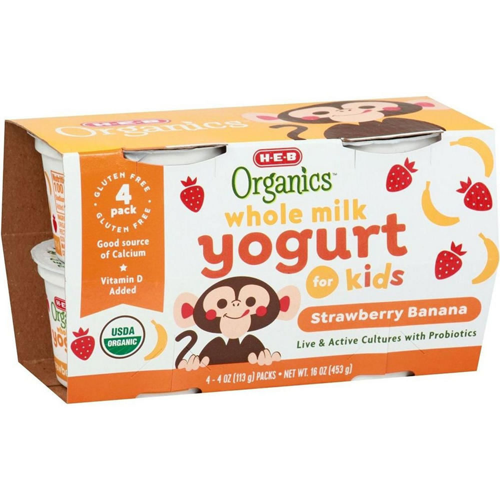 H-E-B Organics Kids' Whole Milk Yogurt - Strawberry Banana, 4 ct