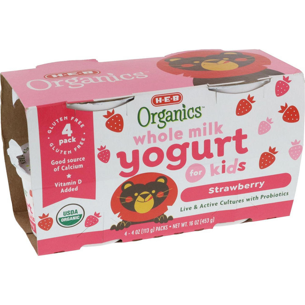 H-E-B Organics Kids' Whole Milk Yogurt - Strawberry, 4 ct