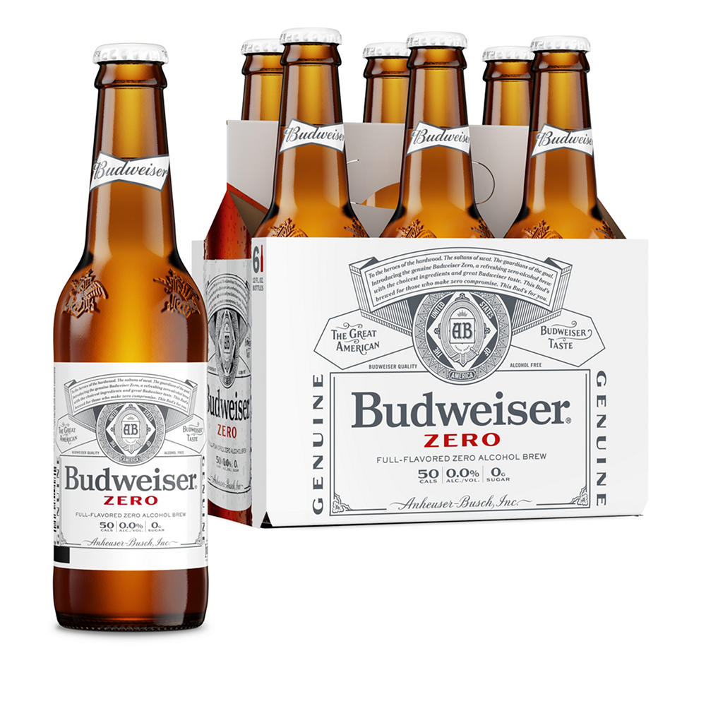 Budweiser Zero Non Alcoholic Beer Alcohol Free American Lager 6 pk Bottles, 12 oz