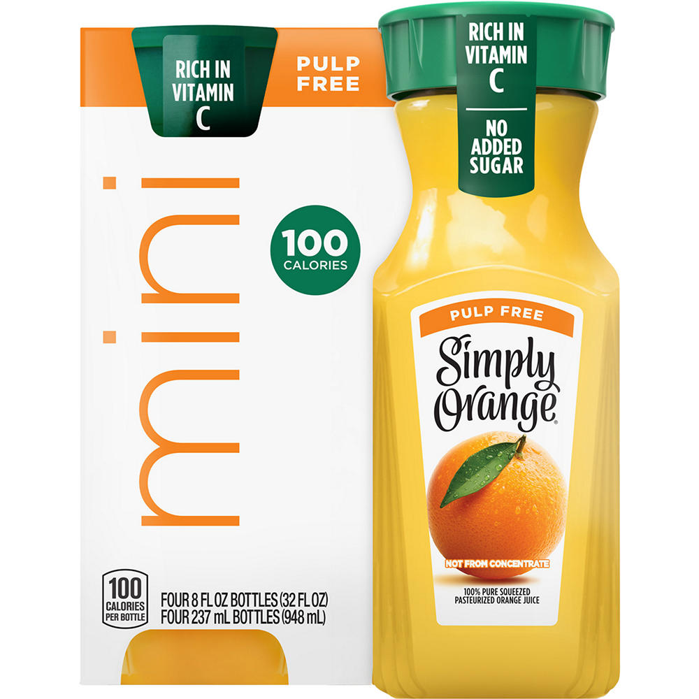 Simply Orange Pulp Free Juice 4 pk Mini Bottles, 8 oz
