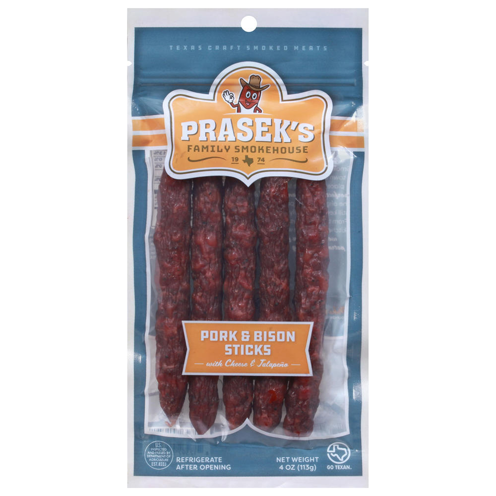 Prasek's Dry Bison & Pork Sticks with Jalapeno & Cheese, 4 oz