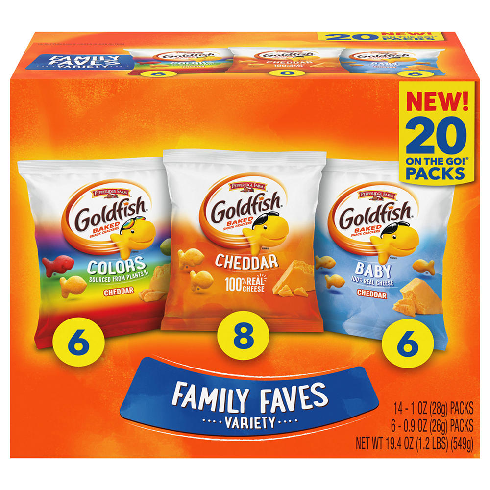 Goldfish Baked Snack Crackers Family Faves Variety Pack - Colors, Cheddar & Baby, 20 ct