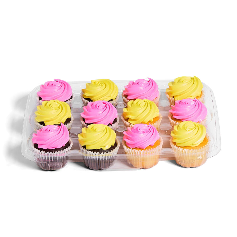 H-E-B 6 White 6 Chocolate Cupcakes with Buttercream - Pastel Pink & Yellow, 12 ct